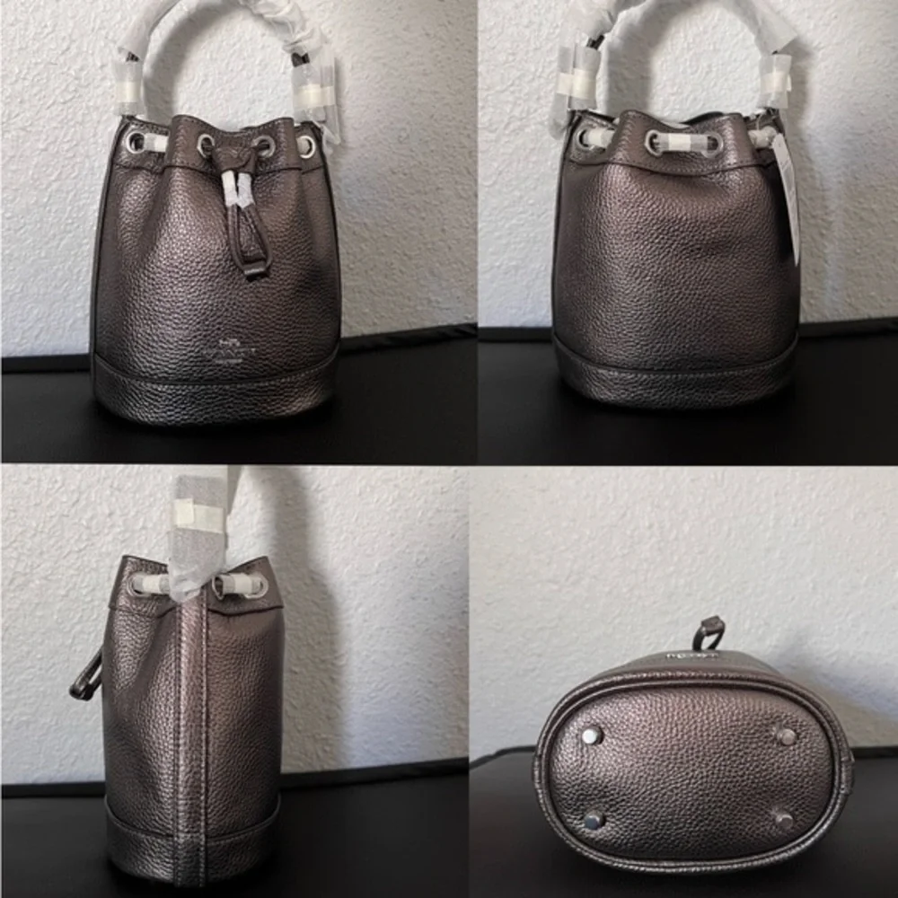 NWT COACH DEMPSEY DRAWSTRING BUCKET BAG 15 IN SILVER/METALLIC GUNMETAL CROSSBODY
